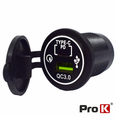 Tomada Dupla USB-A 3.0 + USB-C PD de Embutir PROK