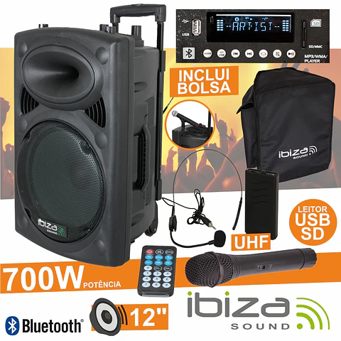 COLUNA AMPLIFICADA 12" 700W USB/BT/SD/BAT UHF PRETA IBIZA