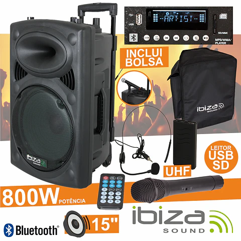 COLUNA AMPLIFICADA 15" 800W USB/BT/SD/BAT UHF PRETA IBIZA