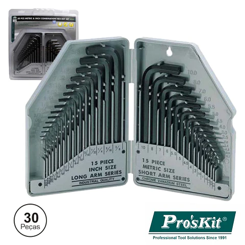 CONJUNTO DE 30 CHAVES HEXAGONAIS SAE/M PROSKIT