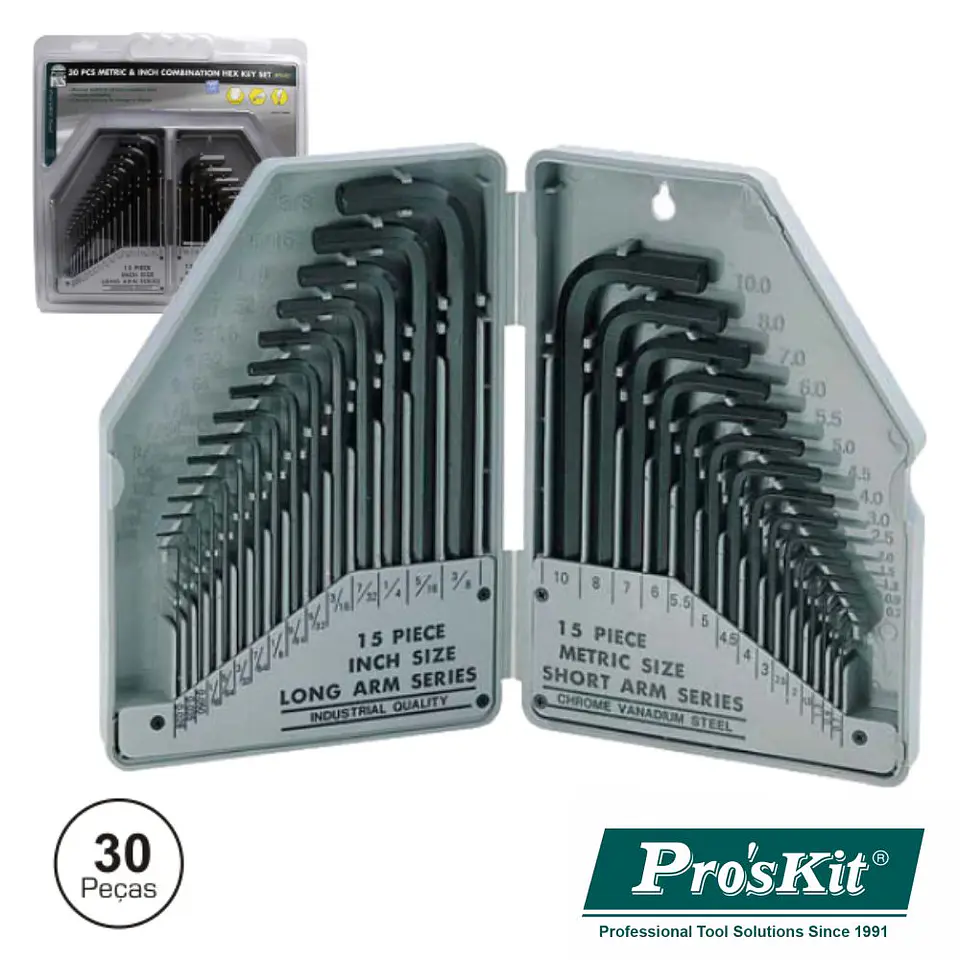 CONJUNTO DE 30 CHAVES HEXAGONAIS SAE/M PROSKIT 1