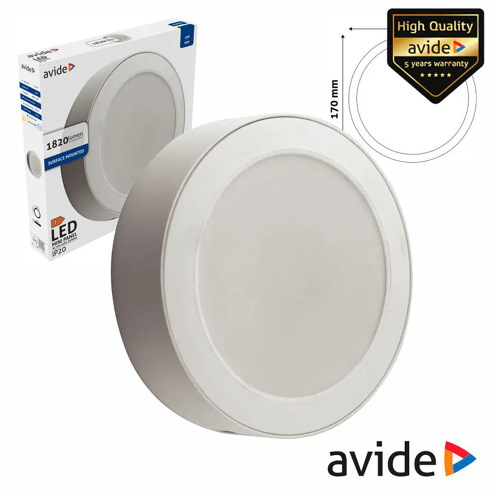 Painel LEDS Redondo Superfície 18W 170mm 6400K 1820lm AVIDE 1