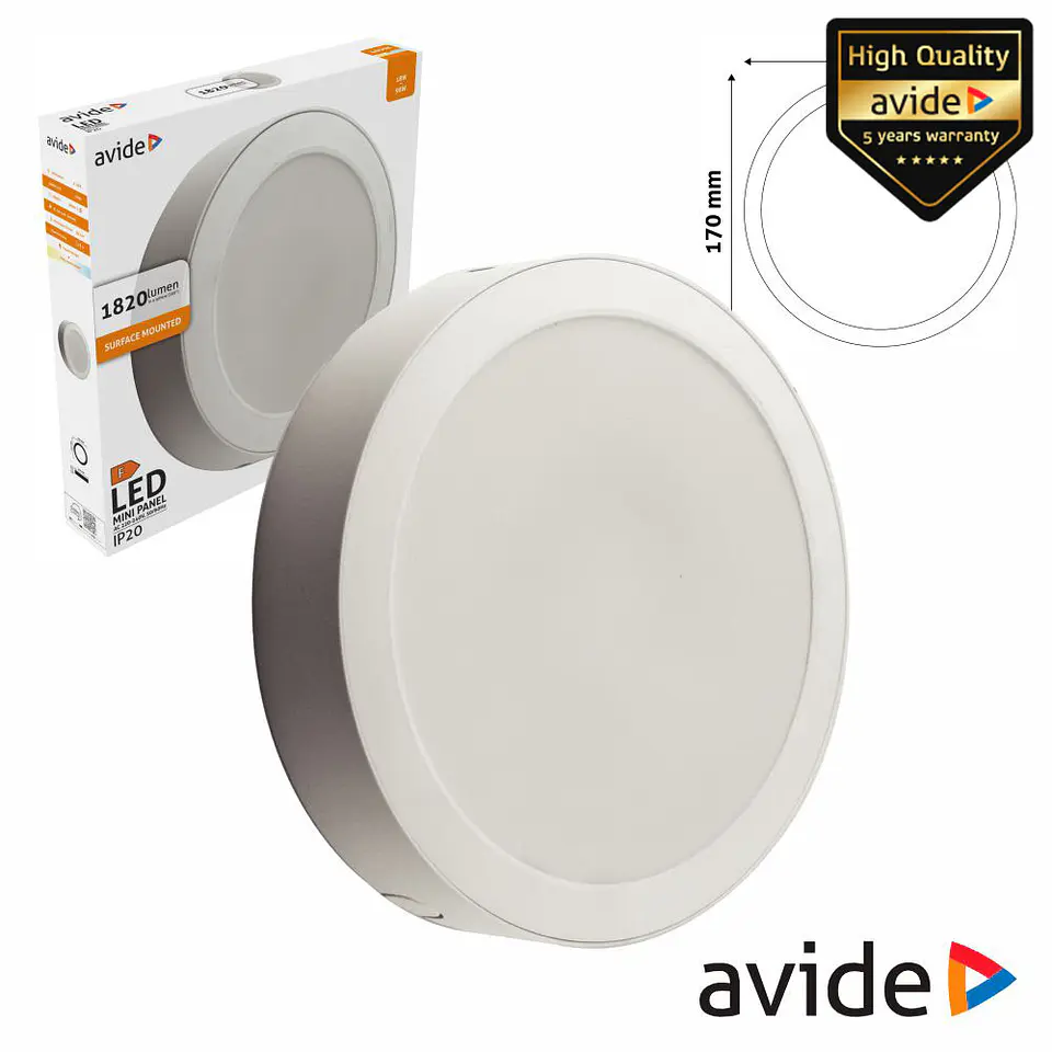 Painel LEDS Redondo Superfície 18W 170mm 4000K 1820lm AVIDE 1