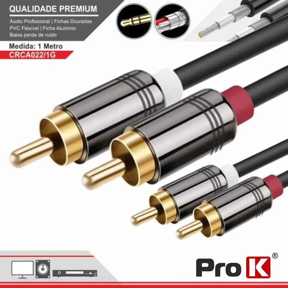 CABO 2-RCA MACHO / 2-RCA MACHO DOURADO 1M PROK 1