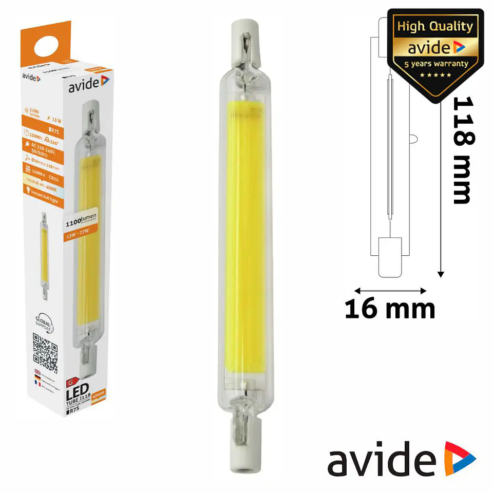 Lâmpada R7S 13W 230V LED COB 118mm 4000K AVIDE 1