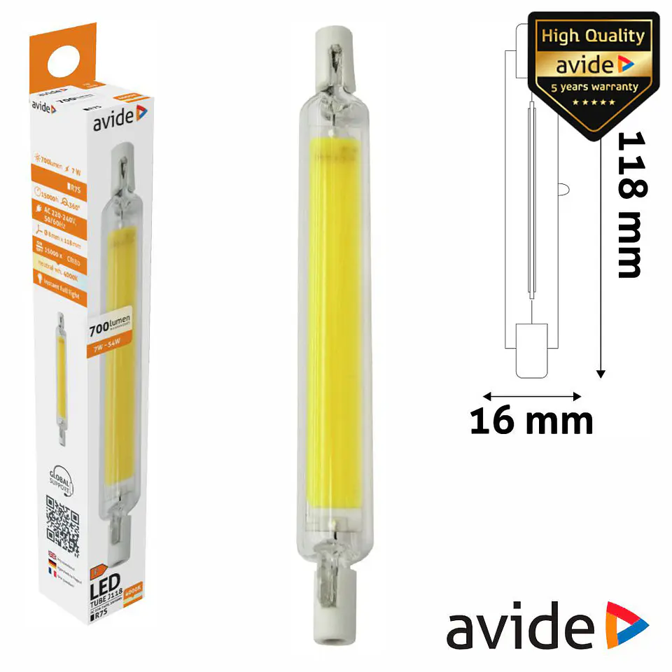 Lâmpada R7S 7W 230V LED COB 118mm 4000K AVIDE 1