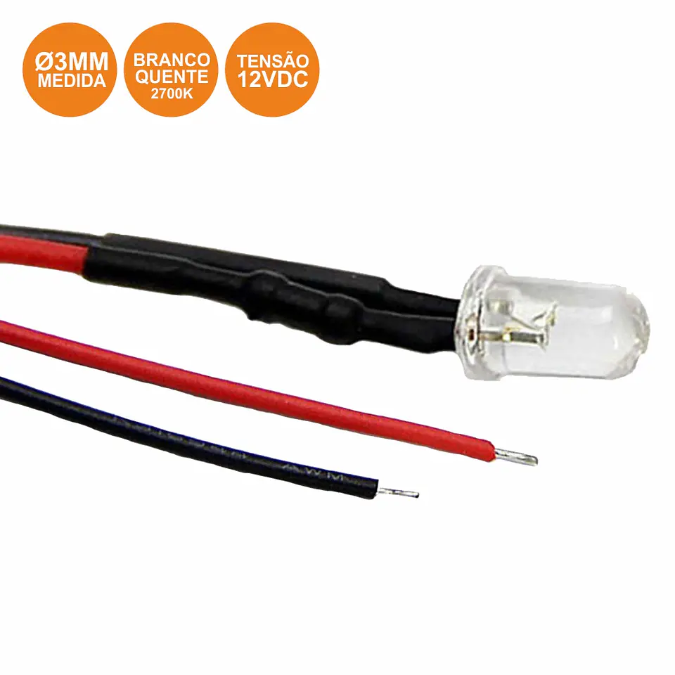 LÂMPADA MINIATURA LED 12V 3MM BRANCO QUENTE 20CM 1