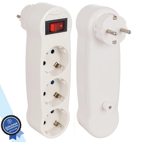 FICHA ELÉTRICA TRIPLA 3 SAÍDAS SCHUKO COM INTERRUPTOR