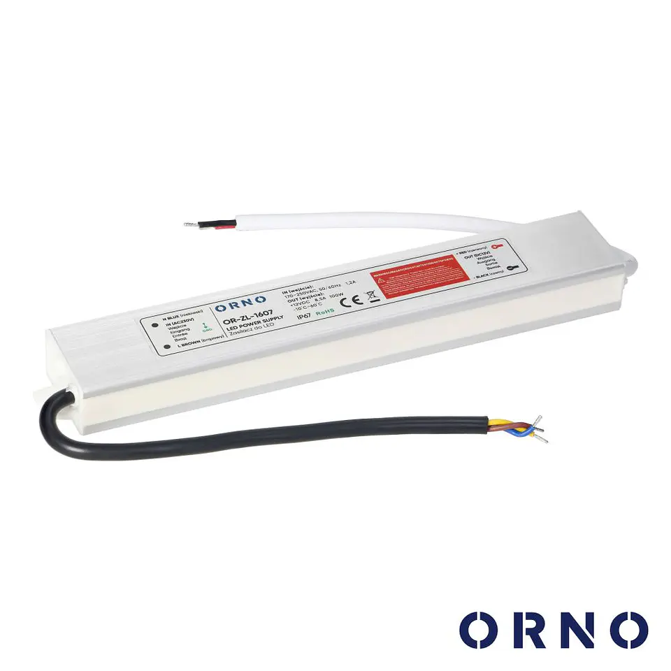 Fonte de Alimentação P/ Fitas LED 12V 100W 8.5A IP67 ORNO 1
