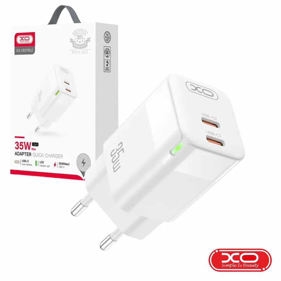 Alimentador 2 USB-C PD 35W GaN 3A Branco XO 1