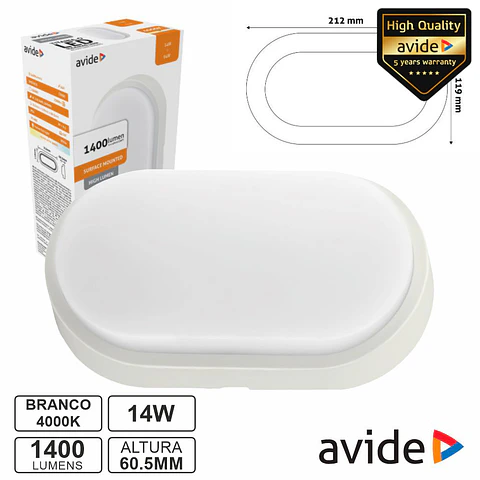 Painel LED Oval Aplique 14W 212mm 4000K 1400lm IP54 AVIDE