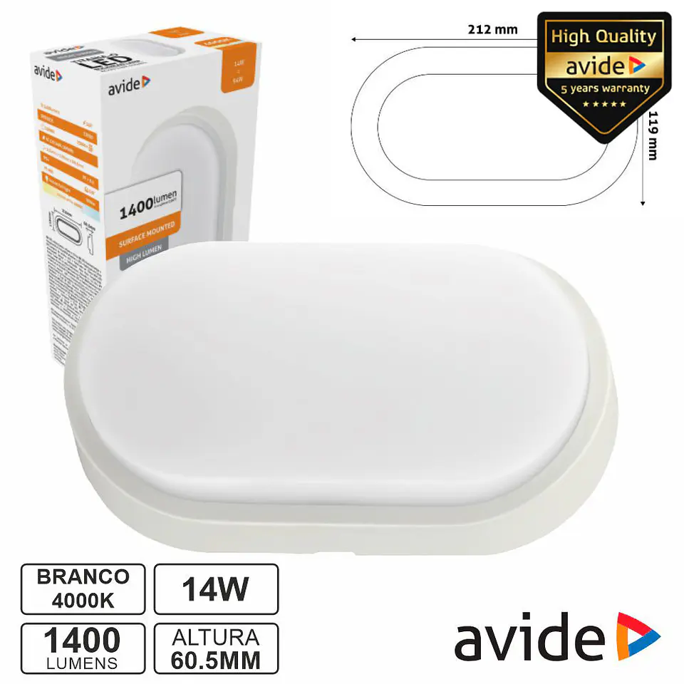 Painel LED Oval Aplique 14W 212mm 4000K 1400lm IP54 AVIDE 1