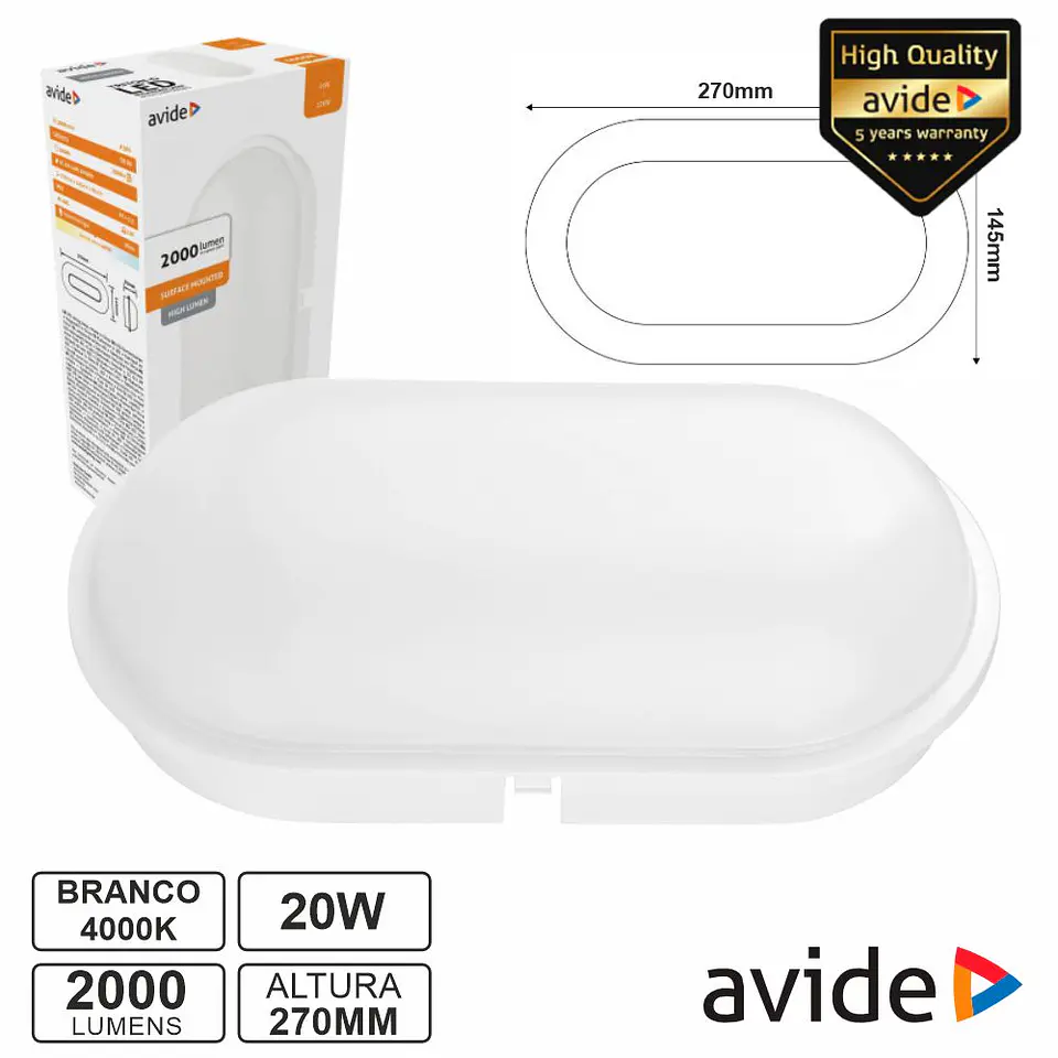 Painel LED Oval Aplique 20W 270mm 4000K 2000lm IP65 AVIDE 1