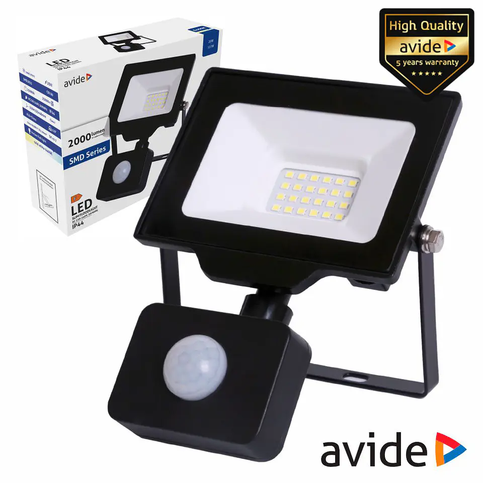 Foco LED 20W 230V COM Sensor 6400k 2000lm Preto IP44 AVIDE 1