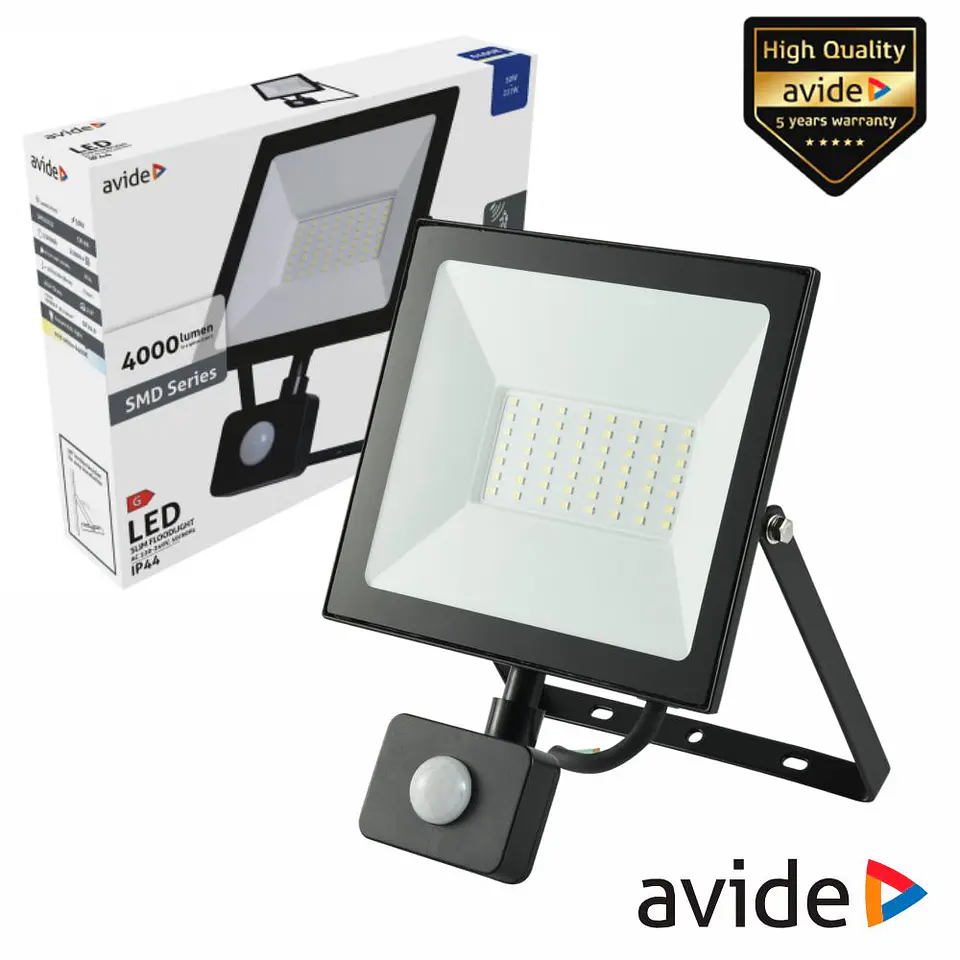 Foco LED 50W 230V 6400K 4000lm COM Sensor Preto Avide 1