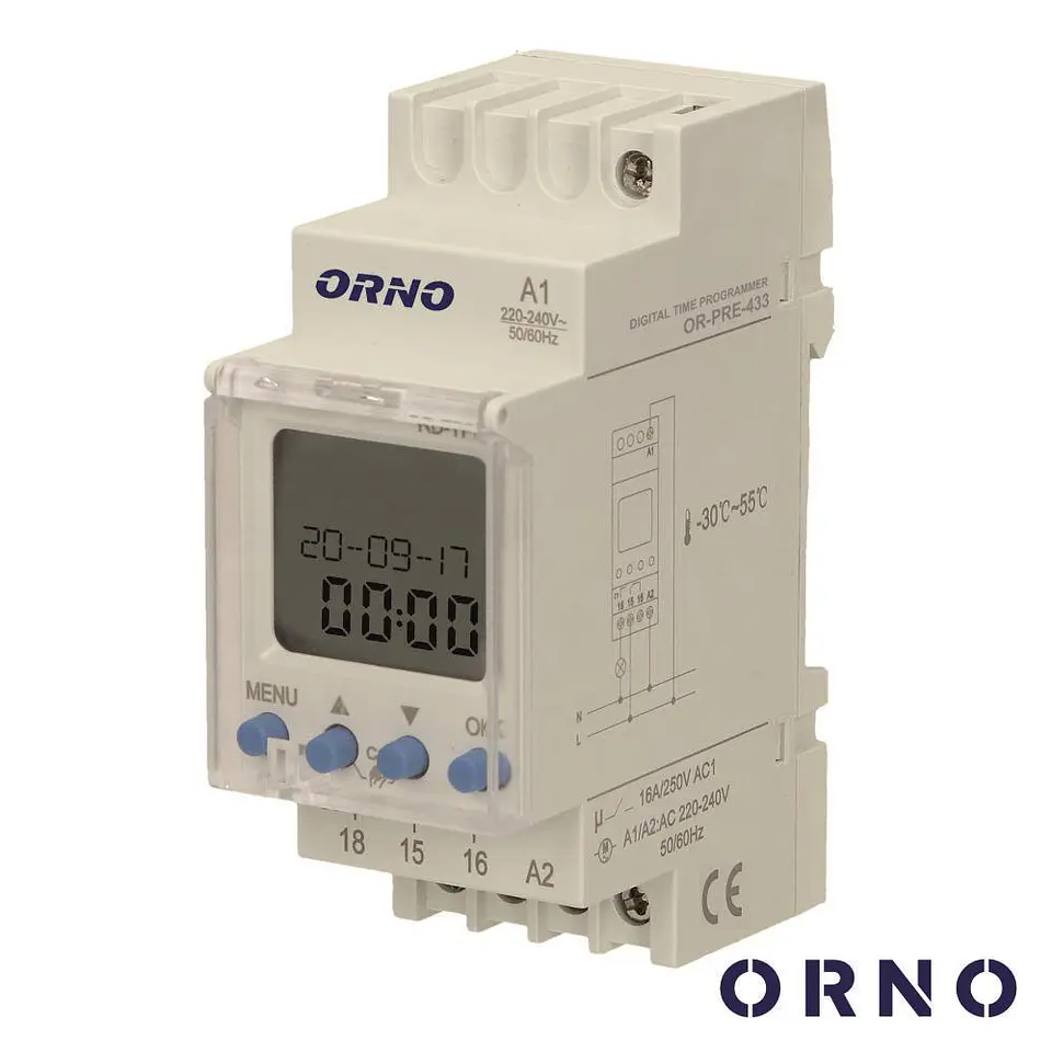 Temporizador Semanal Digital 16A 230V P/ Calha Din ORNO 1