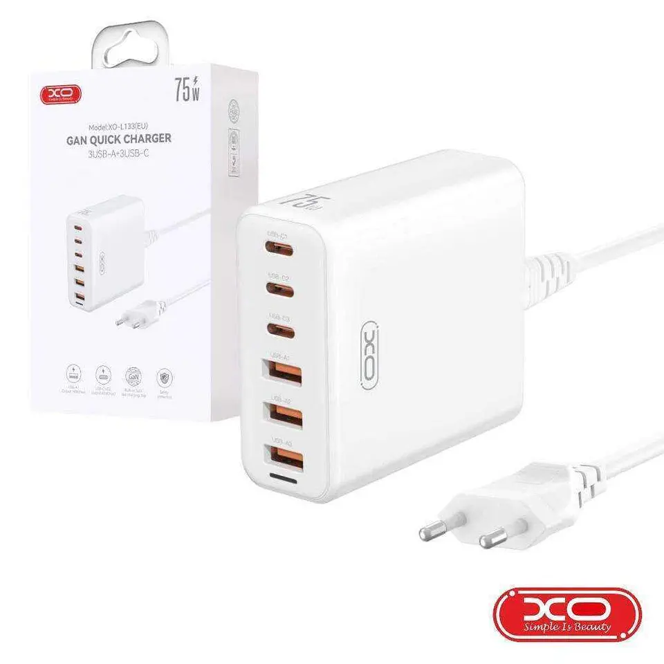 Alimentador 3x USB-A 3x USB-C PD 75W GaN XO 1