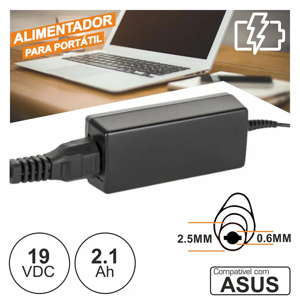 Alimentador P/ Asus 19V 2.1A 40W 2.5x0.6mm 1