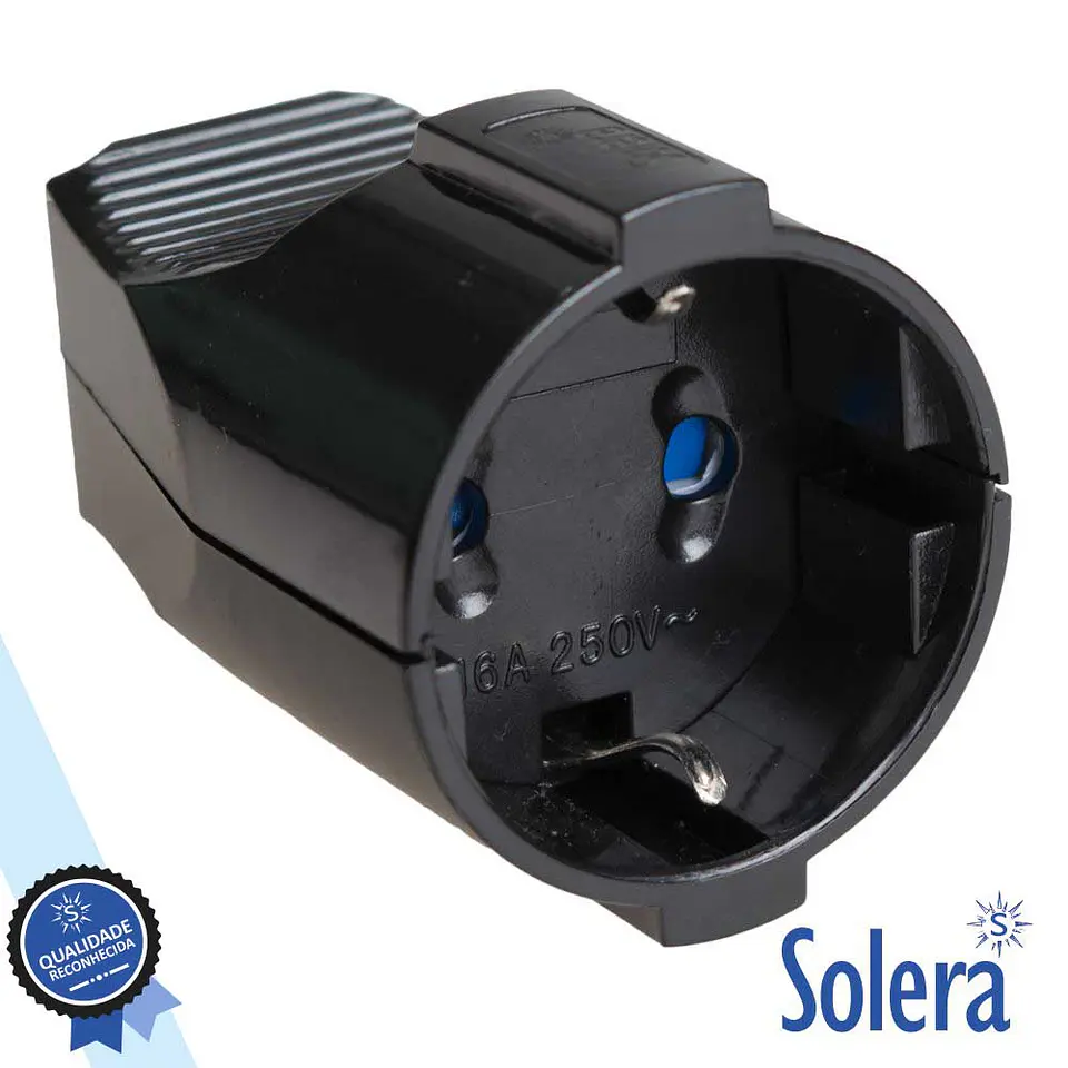 FICHA SCHUKO FÊMEA COM TERRA 220V PRETA SOLERA 1