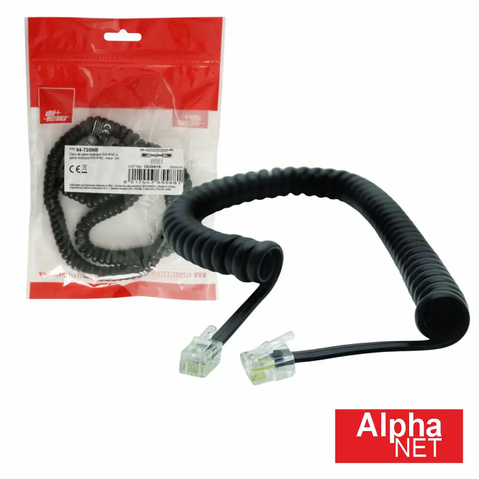 Cabo Telefone 4P4C Espiral Preto 5m ALPHA 1