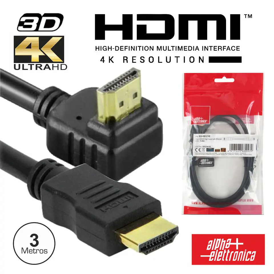 CABO HDMI DOURADO MACHO / MACHO 2.0 4K PRETO 3M 90º 1