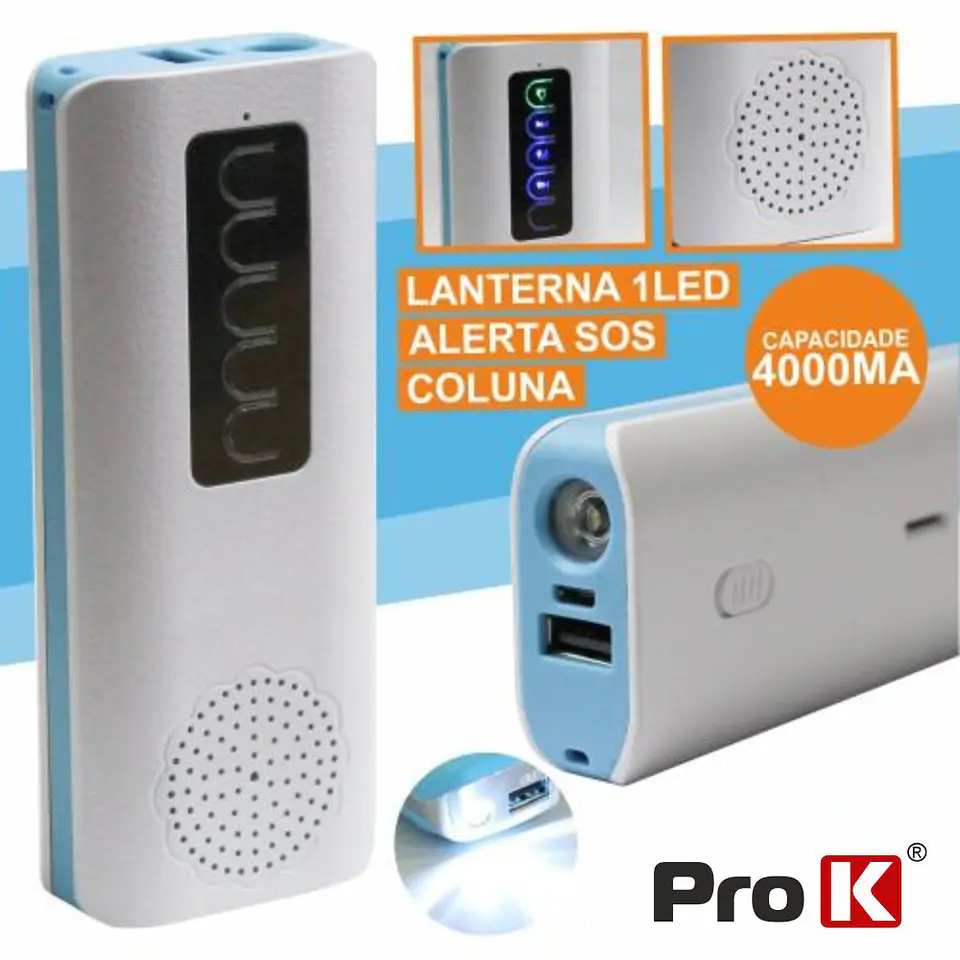 POWERBANK 4000MA COM COLUNA BLUETOOTH + LANTERNA E SOS PROK 1