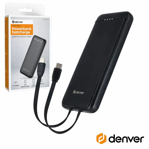 Powerbank 10000mAh PD 20W COM cabos USB-C e Lightning DENVER