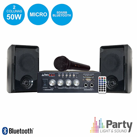 CONJUNTO KARAOKE AMPLIFICADOR 2X50W 2 COLUNAS MIC BT PARTY