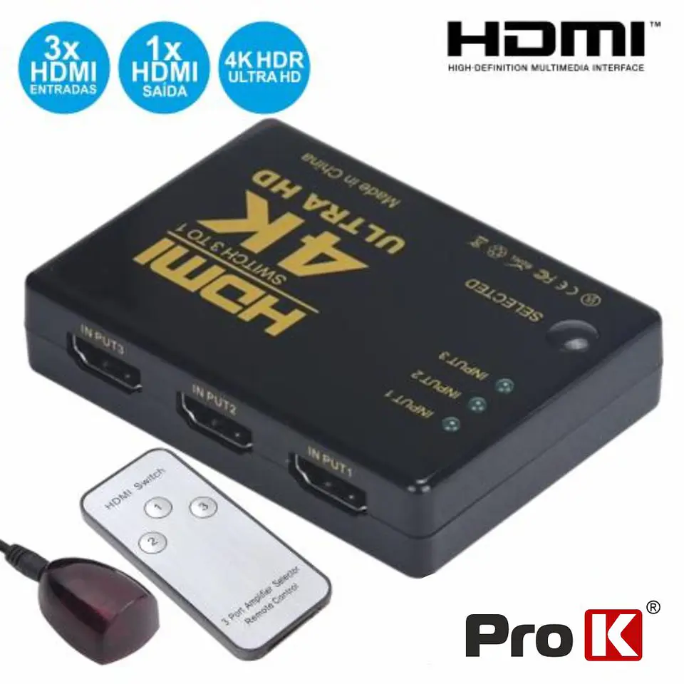 DISTRIBUIDOR HDMI AMPLIFICADO 3 ENTRADAS 1 SAÍDA IR PROK 1