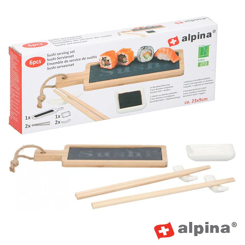 TÁBUA BAMBU COM PLACA ARDÓSIA TIGELAS E PAUZINHOS ALPINA