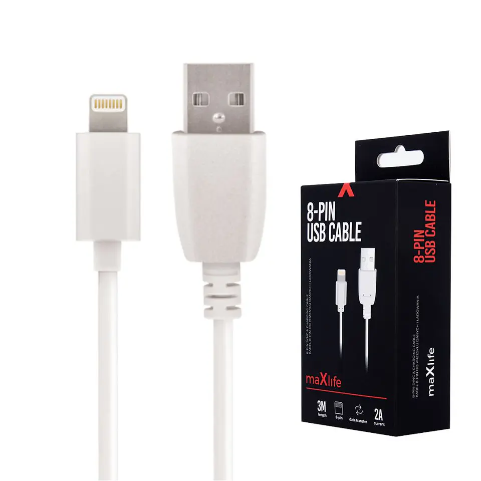Cabo USB-A 2.0 2A Macho / iPhone 8P Branco 3m 1