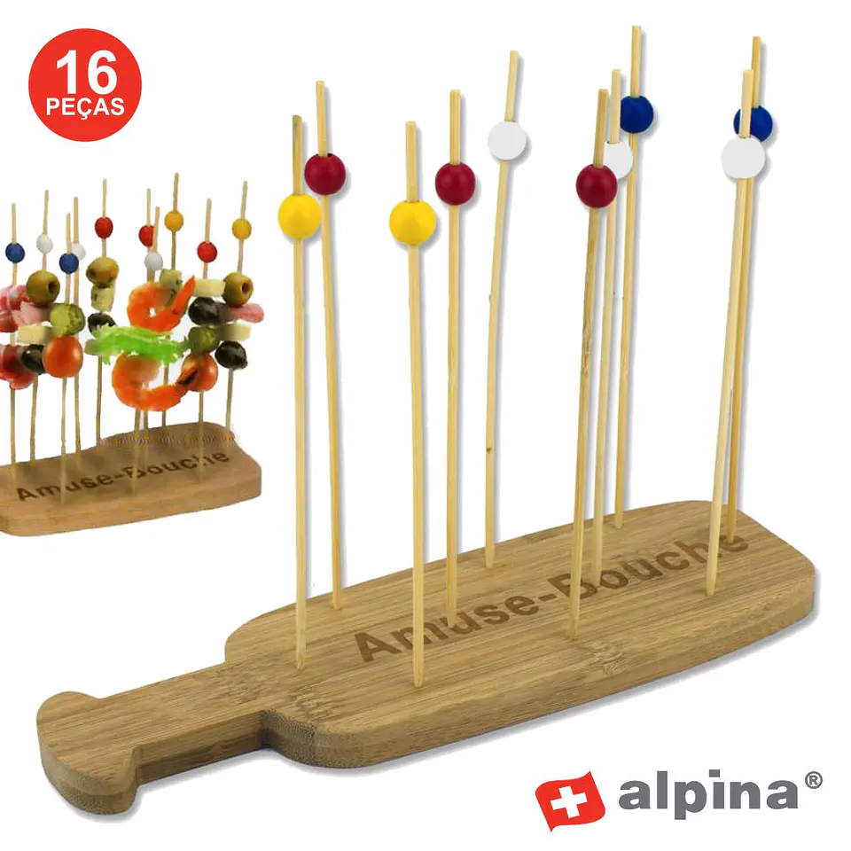 TÁBUA COM PALITOS BAMBU P/ ESPETOS DE FESTA 16 PEÇAS ALPINA 1