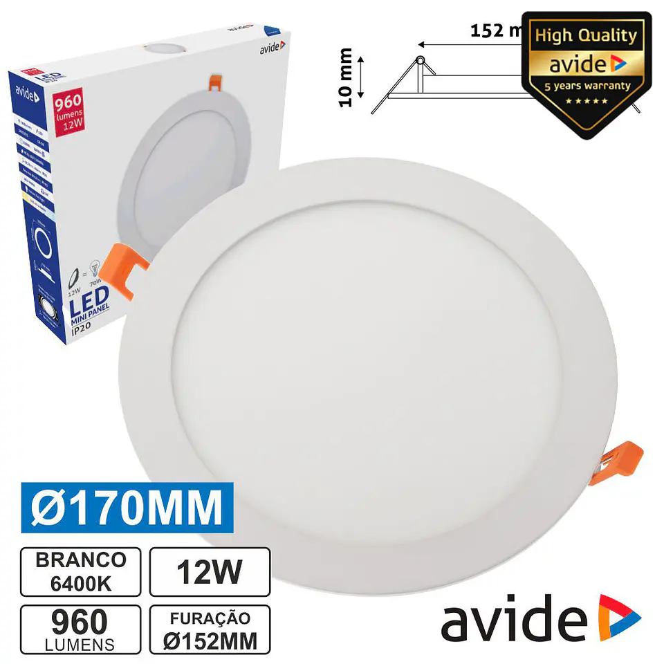 PAINEL LEDS REDONDO 12W 170MM 6400K 960LM AVIDE 1