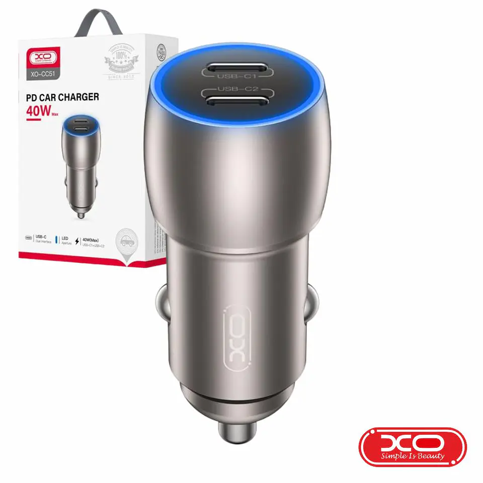 Adaptador Isqueiro 2 USB-C 5V 40W QC PD 3.0 XO 1
