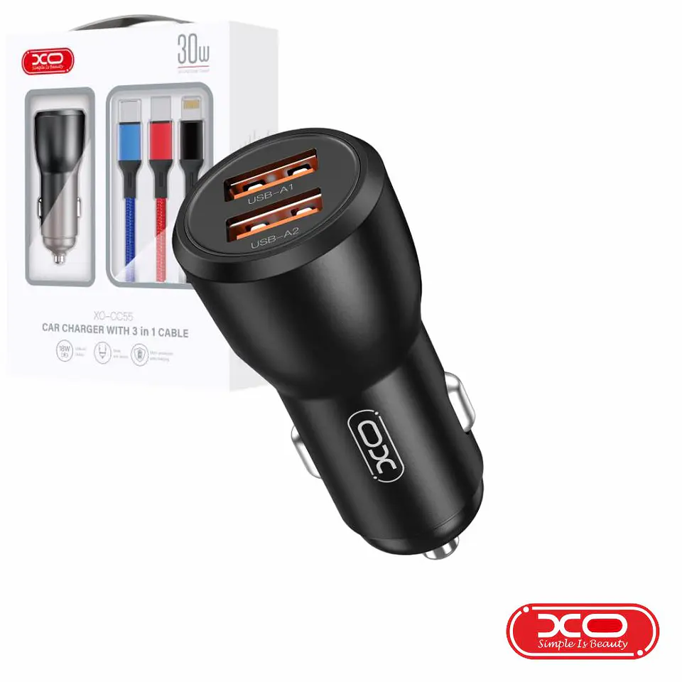 Adaptador Isqueiro 2 USB-A 5V 18W QC-30W XO 1