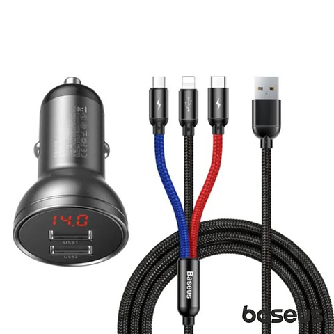 Adaptador Ficha Isqueiro 2 USB-A 5V 4.8A COM Cabo 3em1 BASEUS