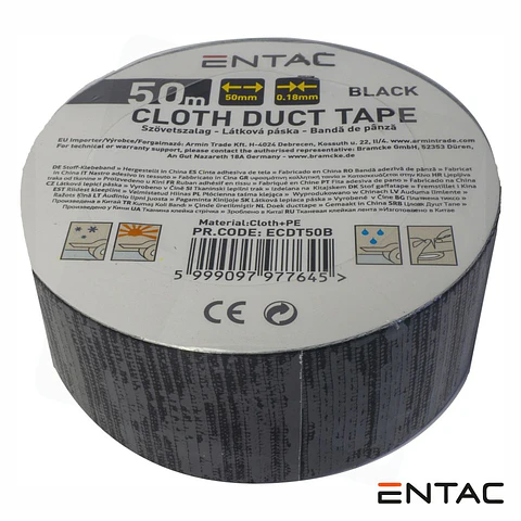 Fita Adesiva de Tela Profissional 50mm x 50m Preta ENTAC