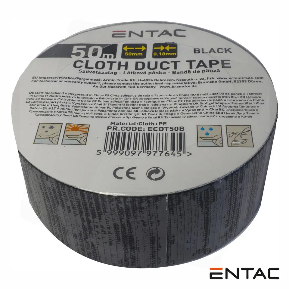 Fita Adesiva de Tela Profissional 50mm x 50m Preta ENTAC 1