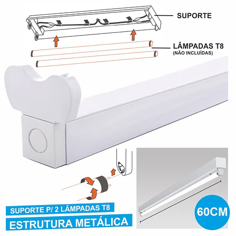 Armadura 60cm P/ 2 Lâmpadas Tubulares T8 G13