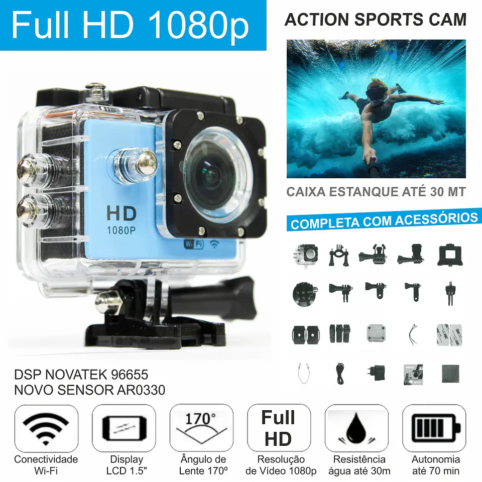 CÂMARA DE AÇÃO WIFI FULL HD 12MP COM GRAVAÇÃO VÍDEO 1
