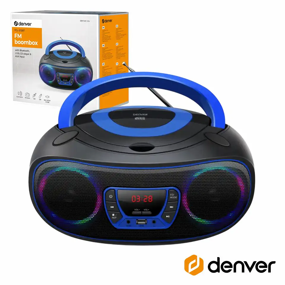 Rádio Portátil Leitor FM/BT/CD/USB Colunas 2x2W LEDS DENVER 1