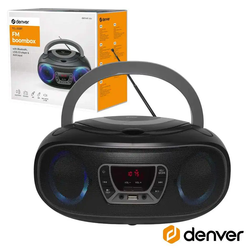 RÁDIO PORTÁTIL LEITOR FM/BT/CD/USB COLUNAS 2X2W LEDS DENVER 1