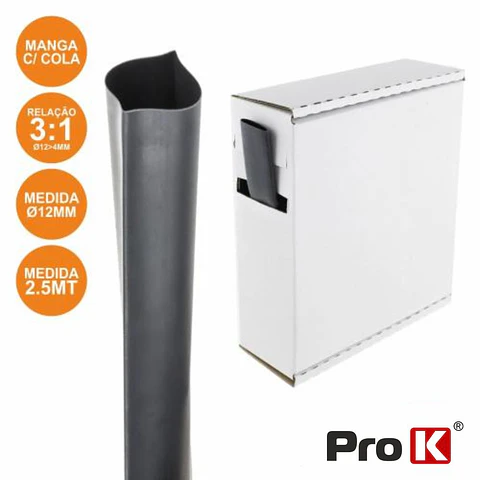 TUBO MANGA TERMORETRÁCTIL COM COLA 12.0MM 2.5M PRETO PROK