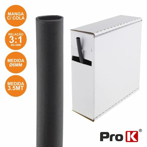 TUBO MANGA TERMORETRÁCTIL COM COLA 6.0MM 3.5M PRETO PROK