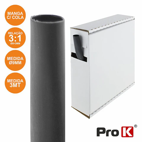 TUBO MANGA TERMORETRÁCTIL COM COLA 9.0MM 3M PRETO PROK