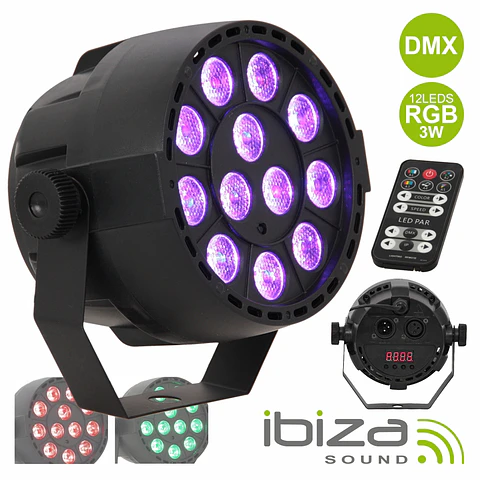 PROJETOR PAR COM 12 LEDS RGB 3W ABS COMANDO MIC DMX IBIZA