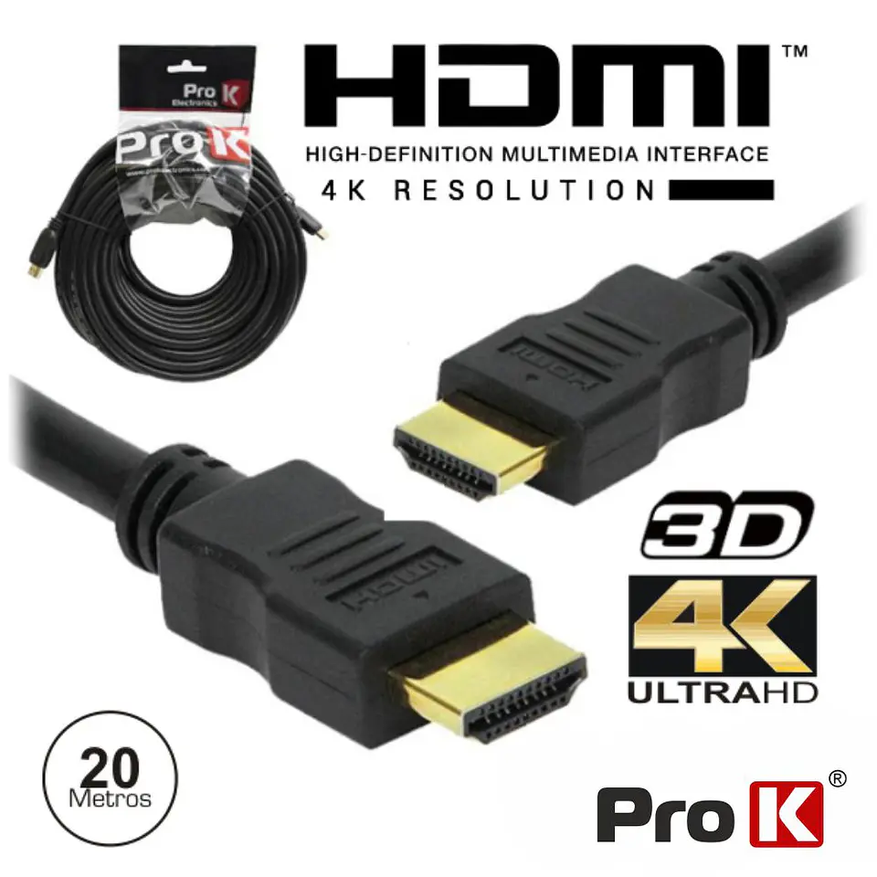 CABO HDMI DOURADO MACHO / MACHO 2.0 4K PRETO 20M PROK 1