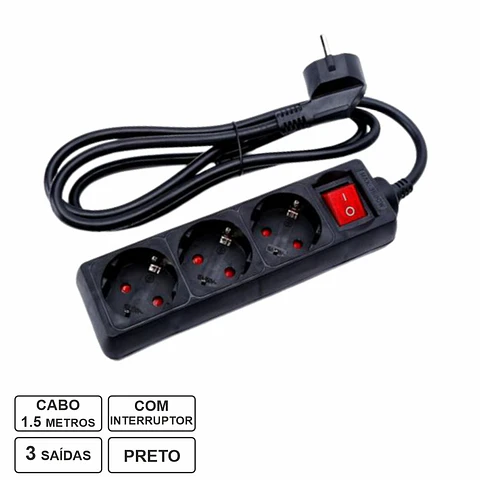 Tomada Elétrica COM 3 Saídas Interruptor 1.5m Preto