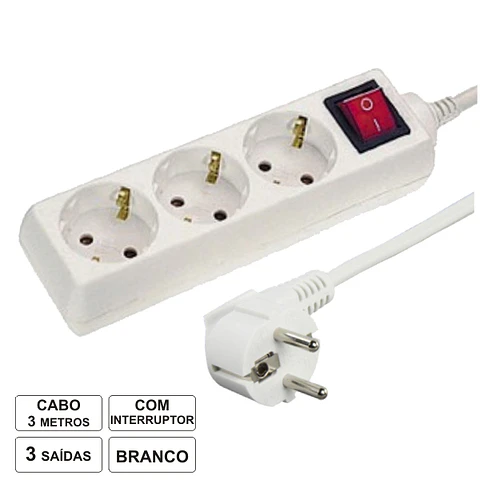 TOMADA ELÉTRICA COM 3 SAÍDAS INTERRUPTOR 3M