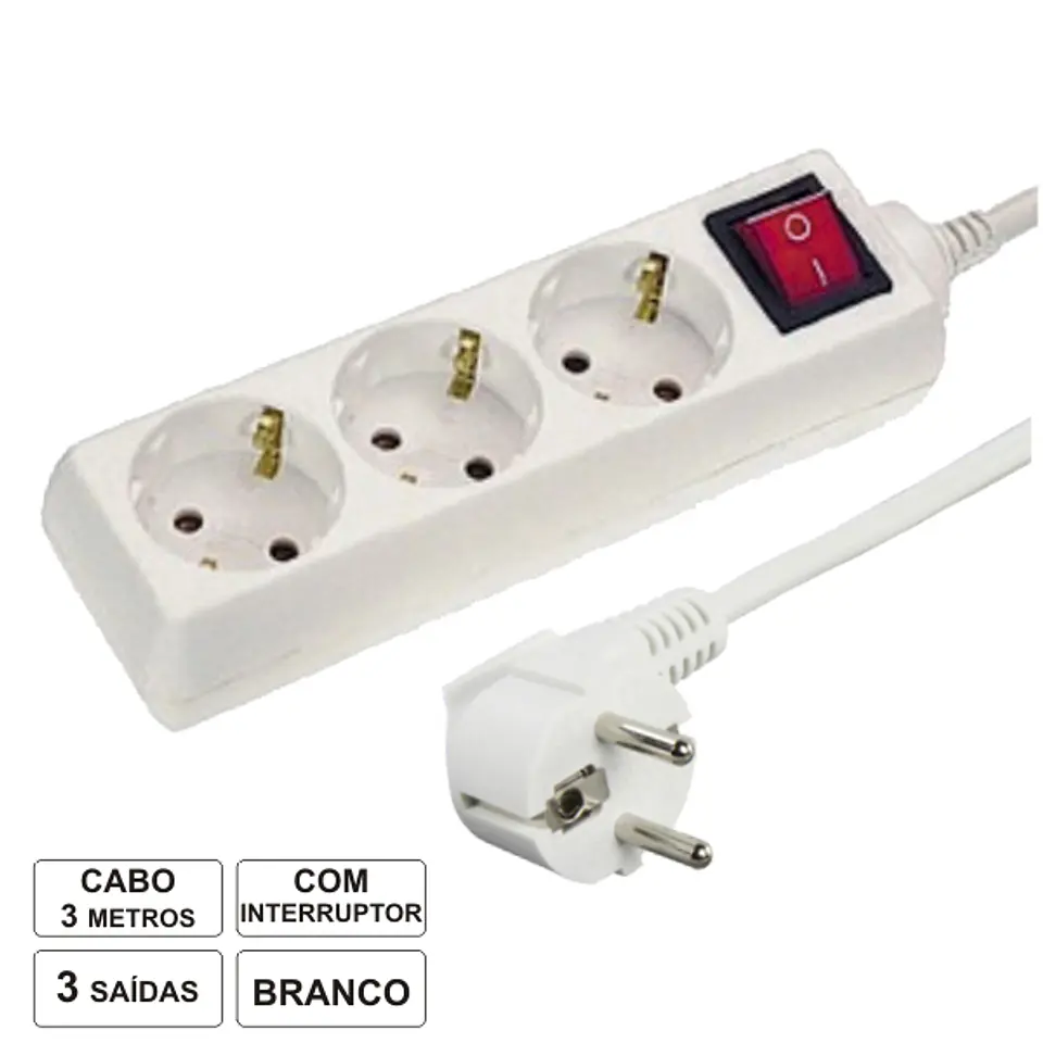 TOMADA ELÉTRICA COM 3 SAÍDAS INTERRUPTOR 3M 1